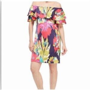 London Times Colorful Off-Shoulder Mini Dress size 12
